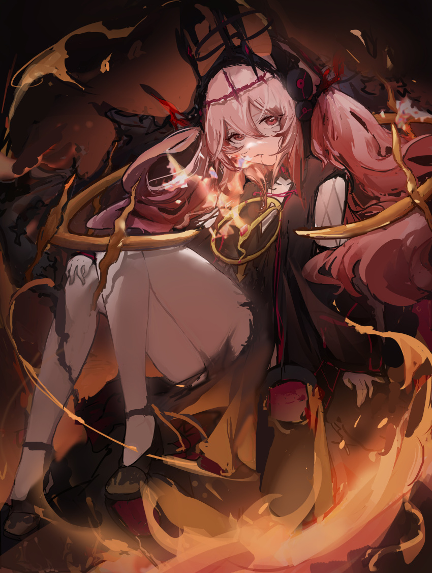 1girl absurdres black_footwear collarbone fire full_body hair_between_eyes hair_ornament high_heels highres knees_together_feet_apart long_sleeves looking_at_viewer original pink_hair qing_cheng_ran red_eyes sitting solo strappy_heels thighs white_legwear