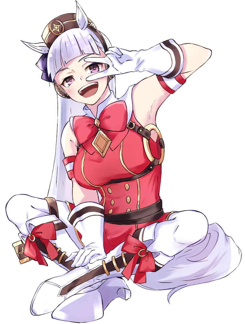 1girl :d animal_ears armpits bare_shoulders boots bow breasts brown_headwear commentary_request dress ear_covers full_body gloves gold_ship_(umamusume) ha_(hura76752775) hat high_heel_boots high_heels highres horse_ears horse_girl horse_tail indian_style knee_boots leaning_to_the_side long_hair medium_breasts mini_hat o-ring open_mouth pantyhose red_bow red_dress shoe_soles silver_hair sitting sleeveless sleeveless_dress smile solo tail umamusume upper_teeth v_over_eye very_long_hair violet_eyes white_footwear white_gloves white_legwear