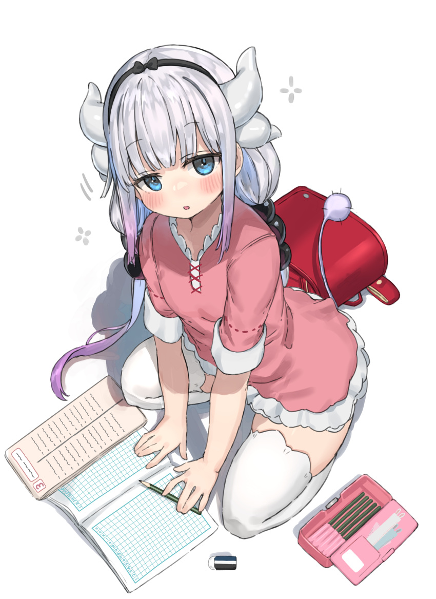 1girl absurdres backpack bag bangs beads black_hairband blue_eyes blunt_bangs blush dragon_girl dragon_horns dragon_tail dress eyebrows_visible_through_hair hair_beads hair_ornament hairband highres horns kanna_kamui kobayashi-san_chi_no_maidragon light_purple_hair long_hair looking_at_viewer low_twintails multicolored_hair open_mouth randoseru ranf silver_hair sitting solo tail thigh-highs twintails white_legwear zettai_ryouiki