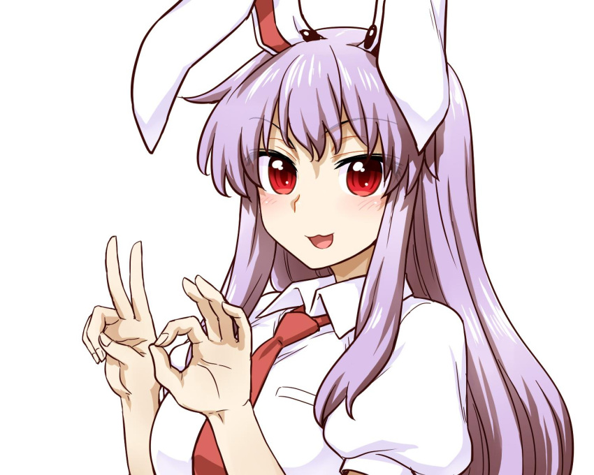 1girl :3 :d animal_ears blush collared_shirt hands_up highres itou_yuuji long_hair looking_at_viewer necktie ok_sign open_mouth puffy_short_sleeves puffy_sleeves purple_hair rabbit_ears red_eyes red_neckwear reisen_udongein_inaba shirt short_sleeves simple_background smile solo touhou upper_body v white_background white_shirt wing_collar