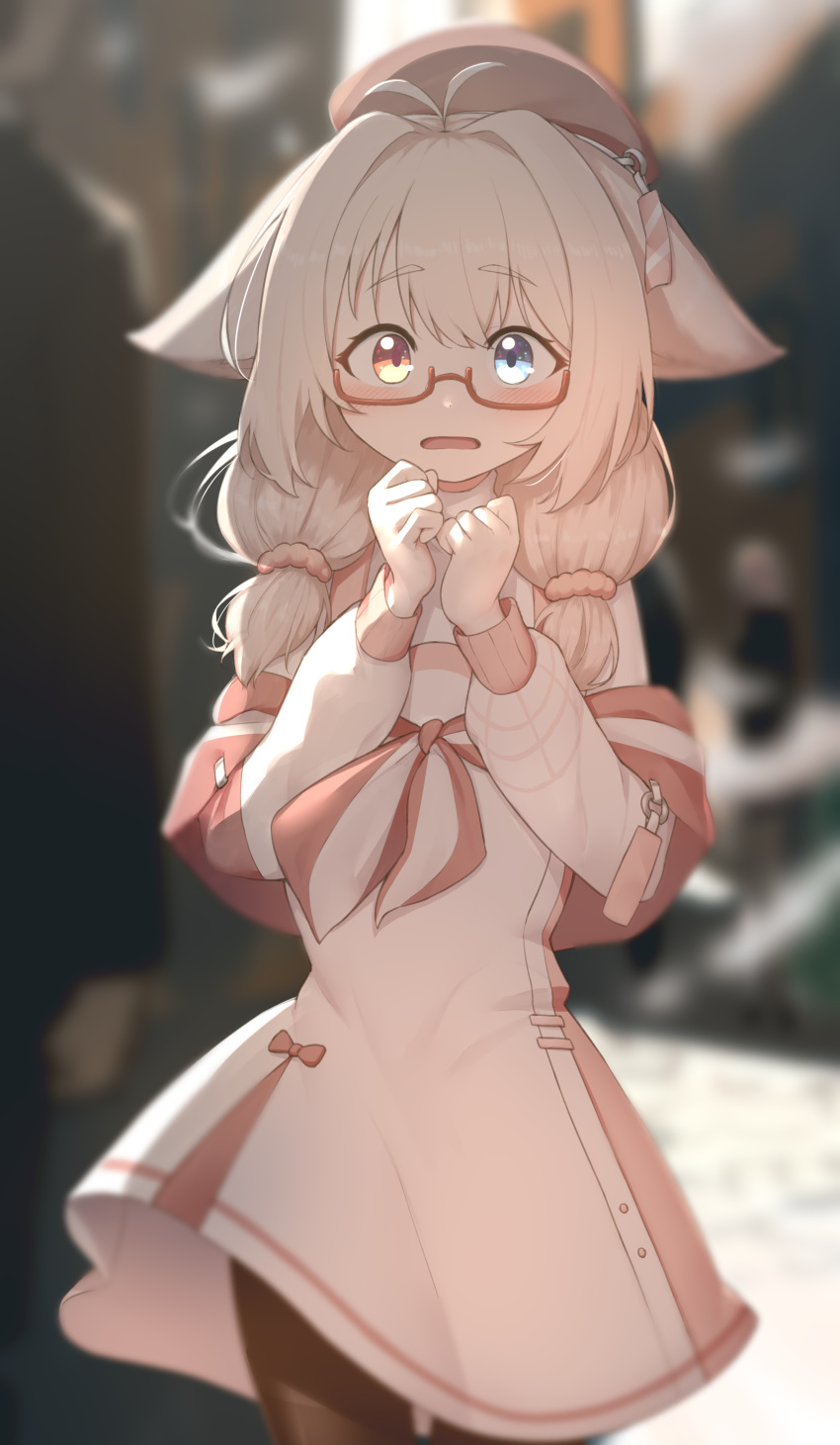1girl absurdres animal_ears antenna_hair bangs beret blonde_hair blue_eyes blurry blurry_background blush brown_legwear commentary_request commission dress eyebrows_visible_through_hair fox_ears glasses hair_between_eyes hair_intakes hat heterochromia highres hoplitx long_hair long_sleeves low_twintails open_mouth orange_eyes original pantyhose pink_background pink_dress pixiv_request red-framed_eyewear solo twintails