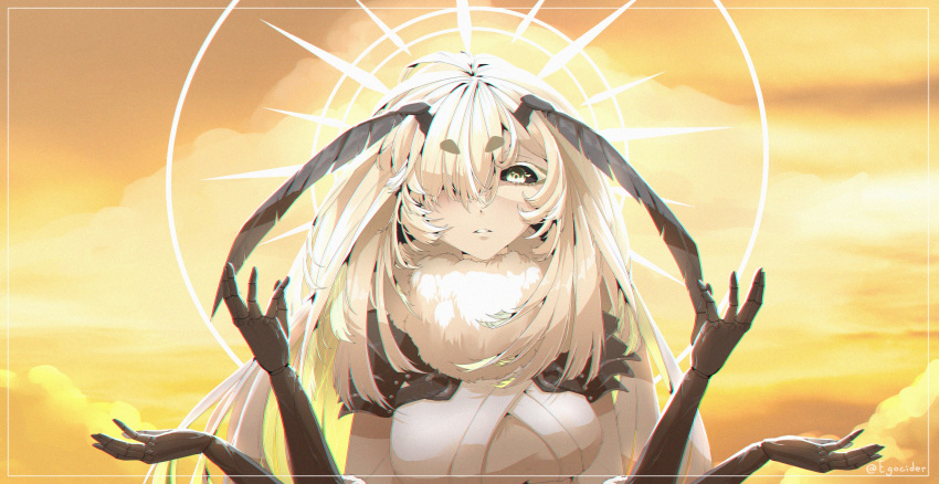 1girl absurdres antennae armor arthropod_girl bangs black_sclera breasts chromatic_aberration colored_sclera colored_skin extra_arms eyebrows_visible_through_hair film_grain green_eyes hair_over_one_eye hands_up highres indie_virtual_youtuber juniper_(artist) juniper_actias long_hair looking_down monster_girl moth_girl parted_lips pauldrons shoulder_armor sky solo thick_eyebrows twitter_username very_long_hair virtual_youtuber white_hair white_skin