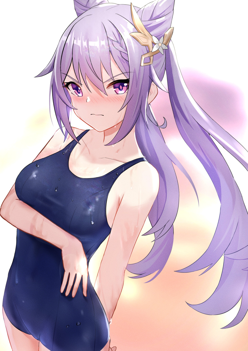 1girl 3: absurdres alternate_costume art_itou bangs blush braid collarbone commentary_request eyebrows_visible_through_hair genshin_impact hair_between_eyes hair_ornament highres keqing_(genshin_impact) long_hair looking_at_viewer purple_hair school_swimsuit sidelocks simple_background single_braid solo swimsuit twintails v-shaped_eyebrows violet_eyes wet wet_clothes wet_swimsuit white_background