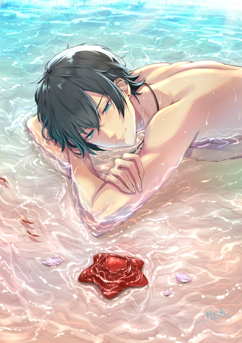 1boy absurdres artist_name back bangs beach black_hair blue_eyes caustics crossed_arms day ear_piercing earrings elbow_rest fish hair_between_eyes half-closed_eyes head_rest highres jewelry lanyard looking_away lying male_focus mutsuki_ry on_ground on_stomach original outdoors partially_submerged piercing seashell shell shirtless short_hair signature solo starfish stud_earrings water wet