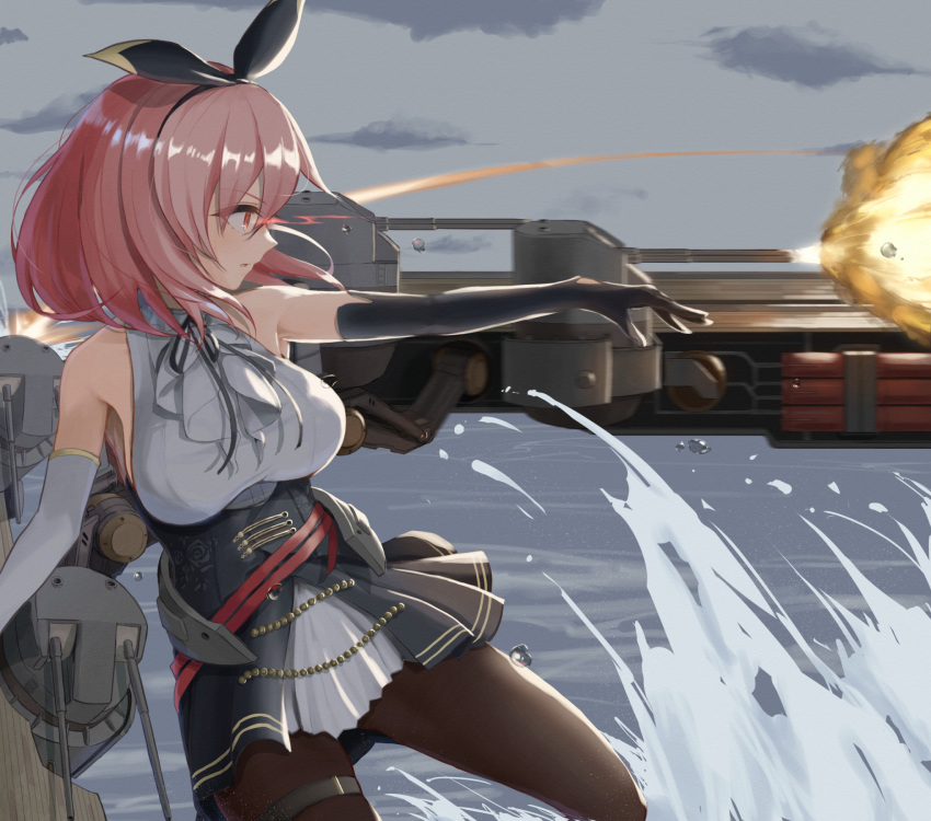 1girl armpit_crease armpits azur_lane black_gloves black_legwear black_prince_(azur_lane) black_ribbon breasts cannon center_frills commentary corset elbow_gloves firing frills from_side gloves glowing glowing_eyes hairband highres medium_breasts medium_hair neck_ribbon ocean pantyhose pink_hair pleated_skirt red_eyes ribbon rigging skirt sleeveless solo spray thigh_strap walking walking_on_liquid water white_gloves yyyaa