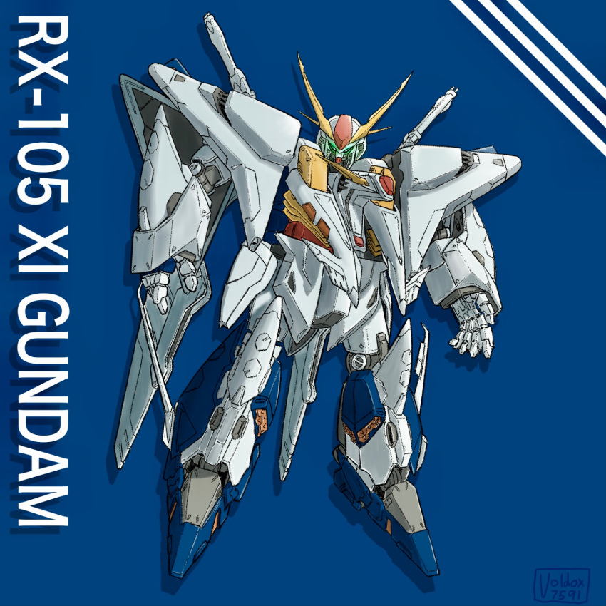 blue_background character_name glowing glowing_eyes green_eyes gundam gundam_hathaway's_flash head_tilt highres mecha mobile_suit no_humans open_hands science_fiction solo v-fin voldox xi_gundam