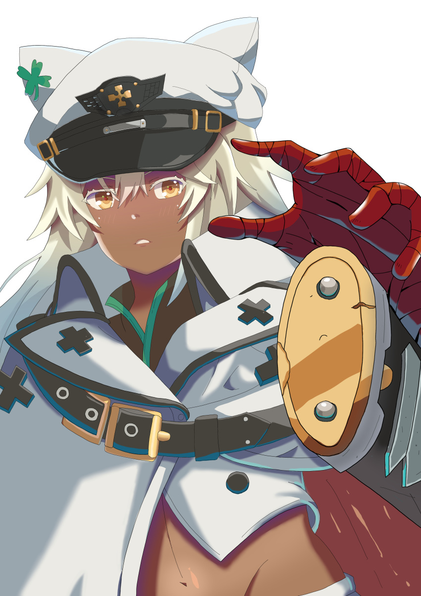1girl absurdres belt_buckle buckle clover dark-skinned_female dark_skin four-leaf_clover guilty_gear guilty_gear_strive hat hat_with_ears highres looking_at_viewer military_hat navel ramlethal_valentine white_headwear yellow_eyes