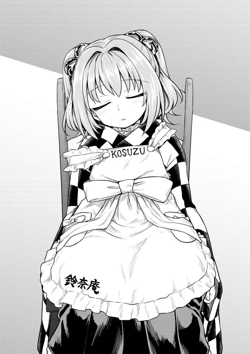 1girl apron bell blush closed_eyes facing_viewer greyscale hair_bell hair_ornament head_tilt highres itou_yuuji japanese_clothes jingle_bell kimono monochrome motoori_kosuzu on_chair parted_lips sitting sleeping solo touhou two_side_up