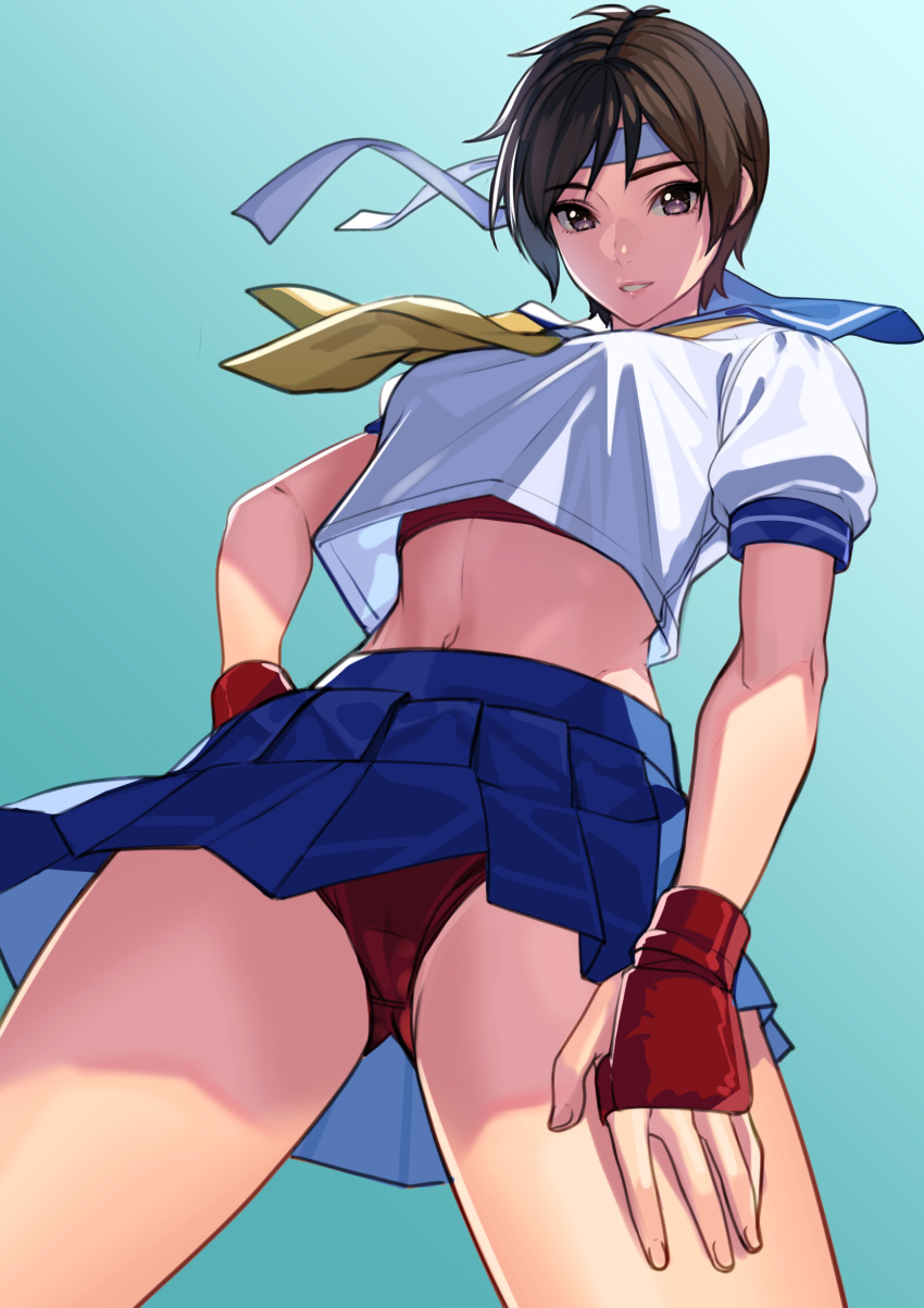 1girl absurdres bangs blue_background breasts brown_eyes brown_hair buruma buruma_under_skirt commentary_request eyebrows_visible_through_hair fingernails hand_on_hip headband highres kagematsuri kasugano_sakura lips looking_at_viewer medium_breasts midriff navel parted_lips pleated_skirt red_buruma sailor_collar school_uniform short_hair short_sleeves simple_background skirt smile solo stomach street_fighter street_fighter_zero_(series)