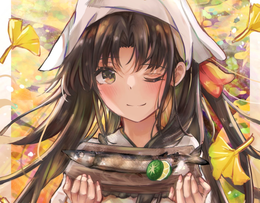 1girl autumn_leaves bandana black_hair brown_eyes commentary_request fish japanese_clothes kantai_collection looking_at_viewer plate saury shouhou_(kancolle) smile solo upper_body womisoba