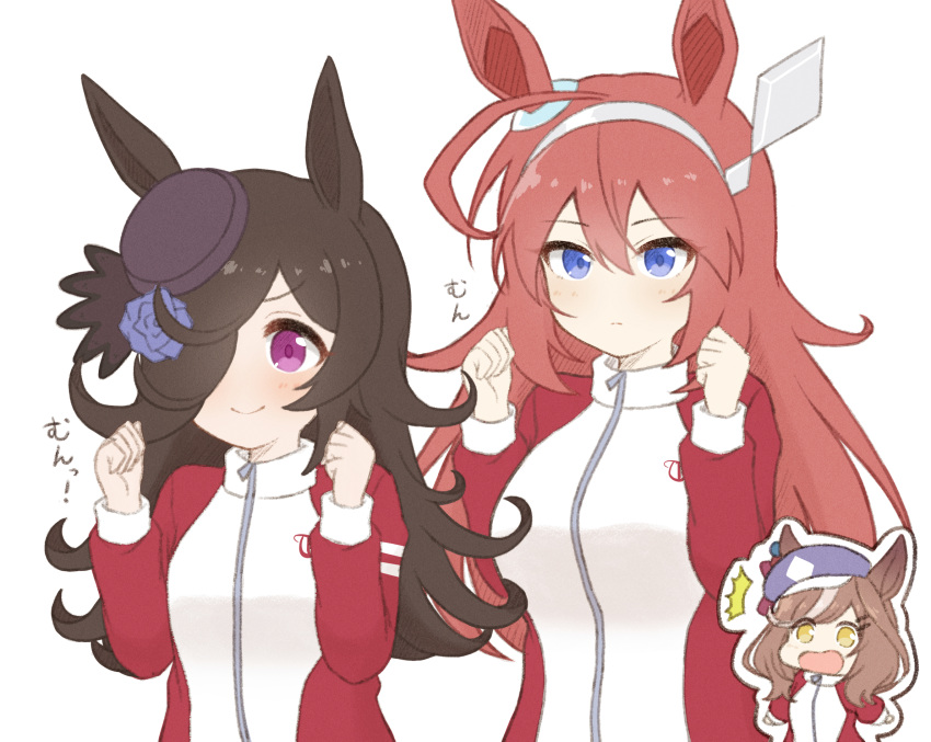 3girls ahoge animal_ears blue_eyes breasts brown_hair chibi chibi_inset closed_mouth eyebrows_visible_through_hair hair_ornament hair_over_one_eye hairband hairclip highres hokutoro64 horse_ears horse_girl long_hair looking_at_viewer matikane_tannhauser_(umamusume) medium_breasts mihono_bourbon_(umamusume) multiple_girls open_mouth rice_shower_(umamusume) track_suit umamusume violet_eyes