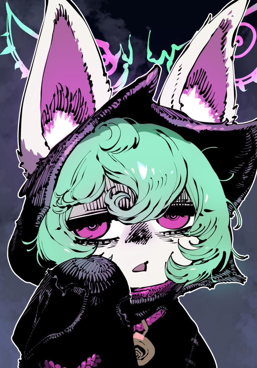 animal_ears character_request curly_hair ears_through_headwear green_hair hair_between_eyes hand_up highres hood hood_up jitome league_of_legends looking_at_viewer medium_hair pale_skin parted_lips pink_eyes solo ssambatea upper_body vex_(league_of_legends)