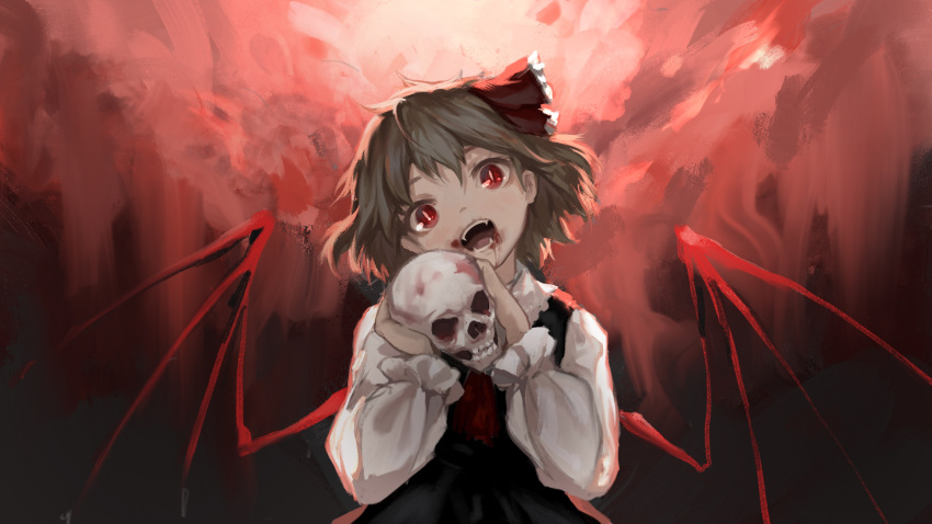 1girl :d abstract_background ascot bangs black_skirt black_vest blonde_hair blood blood_from_mouth bright_pupils demon_wings eyebrows_behind_hair fangs hair_ribbon head_tilt highres holding holding_skull long_sleeves looking_at_viewer open_mouth puffy_sleeves red_background red_neckwear red_ribbon ribbon rumia short_hair simple_background skirt skull slit_pupils smile solo teeth touhou upper_body vest wb_yimo wings
