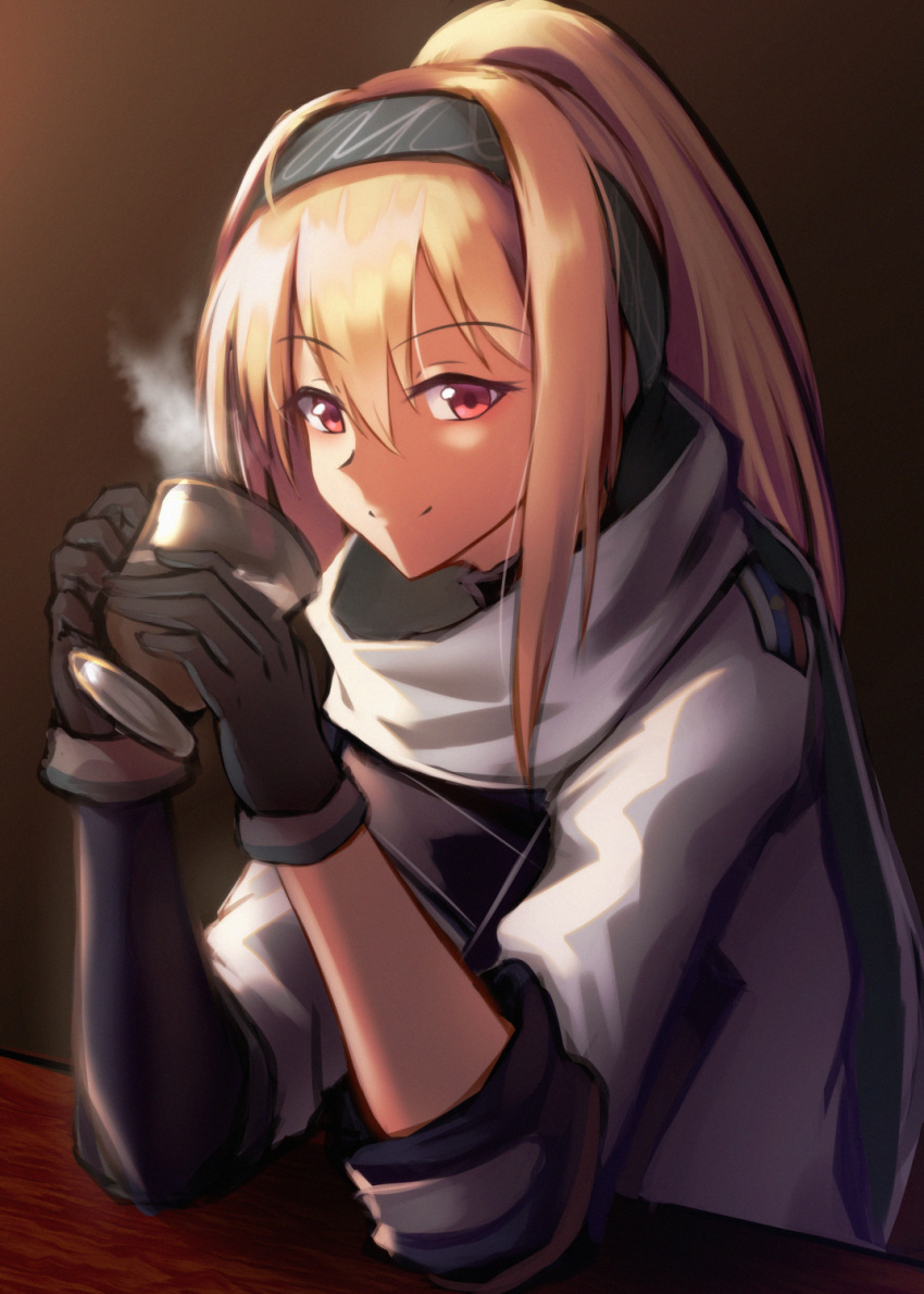 1girl black_gloves blonde_hair closed_mouth cup eyebrows_visible_through_hair girls_frontline gloves green_hairband hairband highres holding holding_cup jacket lodbyy long_hair looking_at_viewer ponytail red_eyes russian_flag simple_background sitting smile solo sv-98_(girls'_frontline) white_jacket