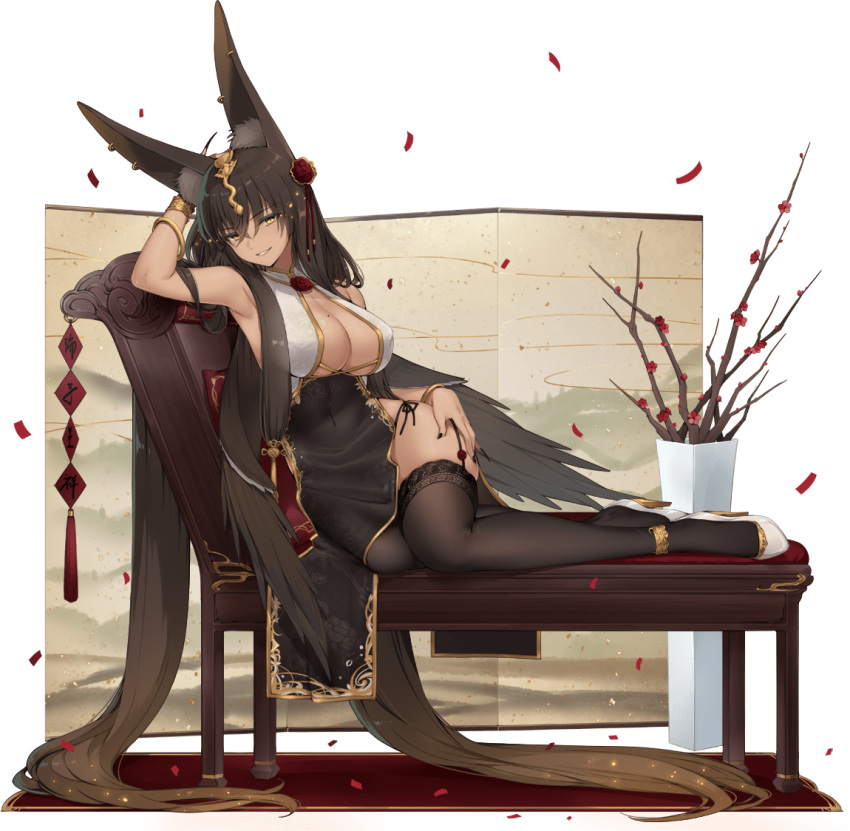 1girl animal_ears ark_order bangs black_dress black_nails bracelet breasts brown_hair chaise_longue covered_navel dark_skin dress fox_ears garter_straps hand_on_own_thigh jewelry large_breasts long_hair looking_at_viewer lying maya_g official_art on_side set_(ark_order) side_slit skindentation solo tachi-e thigh-highs transparent_background very_long_hair yellow_eyes