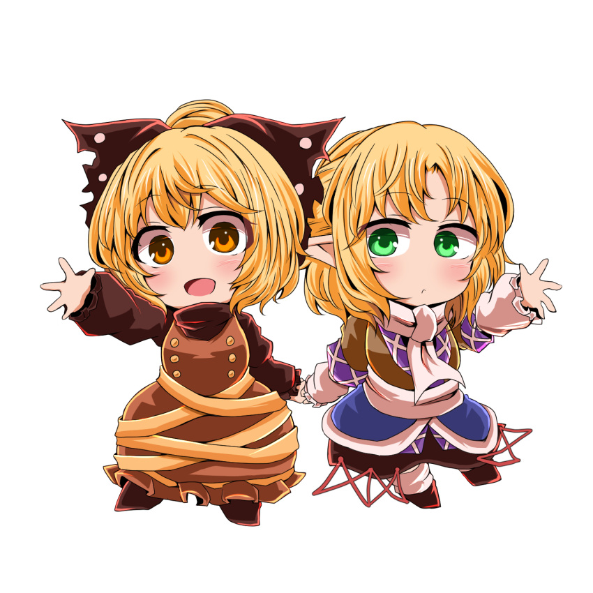 2girls arm_warmers bangs black_bow black_footwear black_shirt black_skirt blonde_hair blush bow breasts brown_dress brown_eyes brown_jacket buttons chibi clip_studio_paint_(medium) closed_mouth commentary_request dress eyebrows_visible_through_hair full_body green_eyes hair_bow half_updo highres holding_hands jacket kurodani_yamame long_sleeves looking_at_viewer looking_to_the_side medium_breasts medium_hair mizuhashi_parsee multicolored multicolored_clothes multicolored_jacket multiple_girls open_mouth outstretched_arm pointy_ears ribbon sash scarf shirt shoes short_hair short_sleeves simple_background skirt smile socks touhou turtleneck white_background white_legwear white_sash white_scarf yasui_nori yellow_ribbon