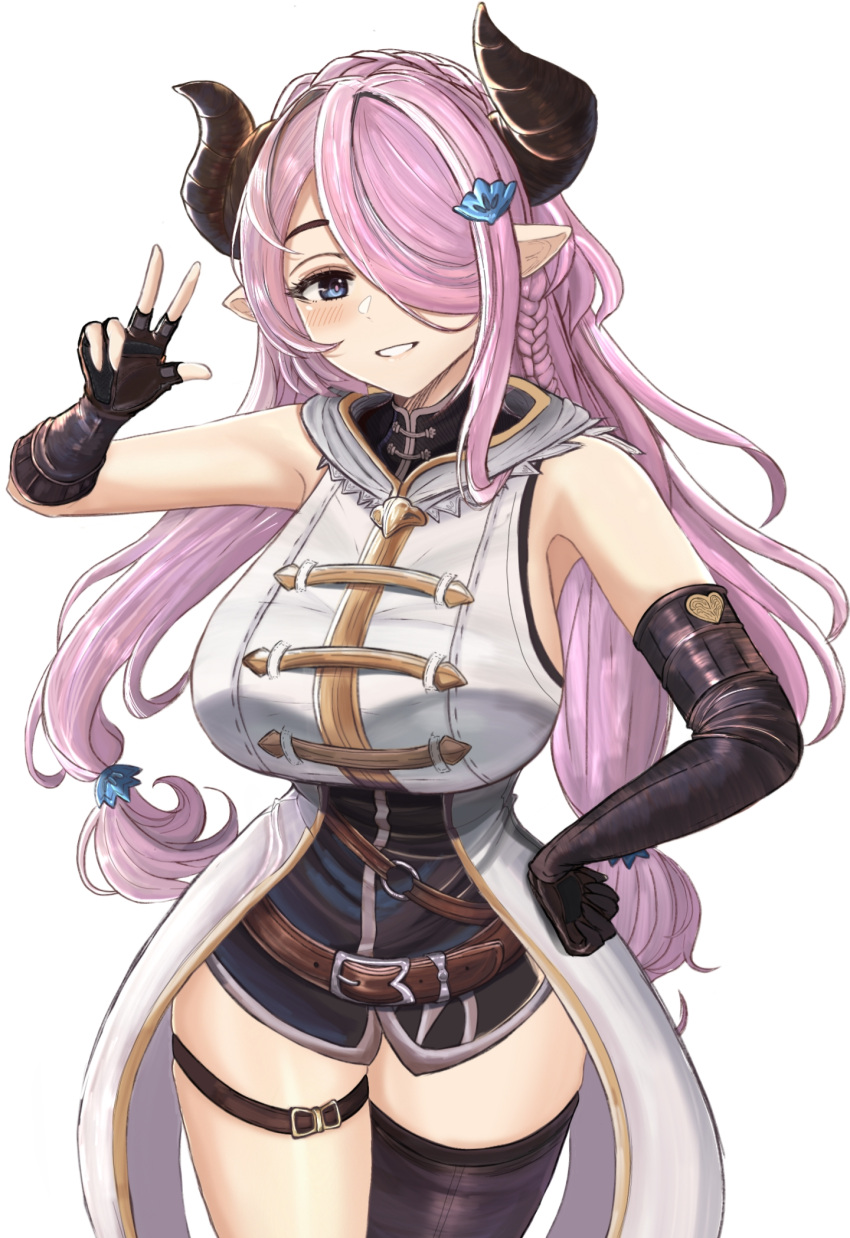 1girl arm_up belt black_gloves black_legwear blue_eyes blush breasts desspie elbow_gloves fingerless_gloves gloves granblue_fantasy grin hair_over_one_eye highres horns large_breasts looking_at_viewer narmaya_(granblue_fantasy) parted_lips pink_hair pointy_ears single_thighhigh smile solo thigh-highs v