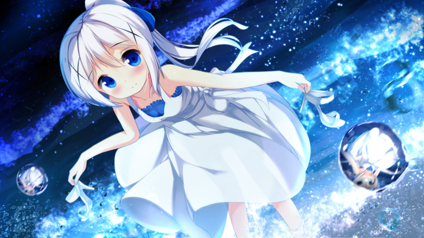 1girl absurdres bangs bare_arms bare_shoulders blue_bow blue_eyes blush bow breasts bubble chinomaron closed_mouth dress eyebrows_visible_through_hair gochuumon_wa_usagi_desu_ka? hair_between_eyes hair_bow hair_ornament high_heels high_ponytail highres holding holding_shoes kafuu_chino leaning_forward long_hair ponytail reflection shoes shoes_removed sleeveless sleeveless_dress small_breasts smile solo standing very_long_hair white_dress white_footwear white_hair x_hair_ornament