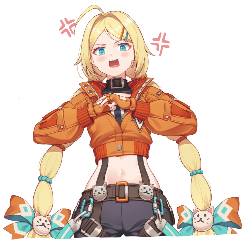 1girl ahoge anger_vein angry bike_shorts black_shorts black_survival blonde_hair blue_eyes blush cracking_knuckles fingerless_gloves flat_chest gloves highres hop3 jacket looking_at_viewer midriff navel nicky_blake open_mouth orange_jacket shorts simple_background solo tagme twintails upper_teeth white_background