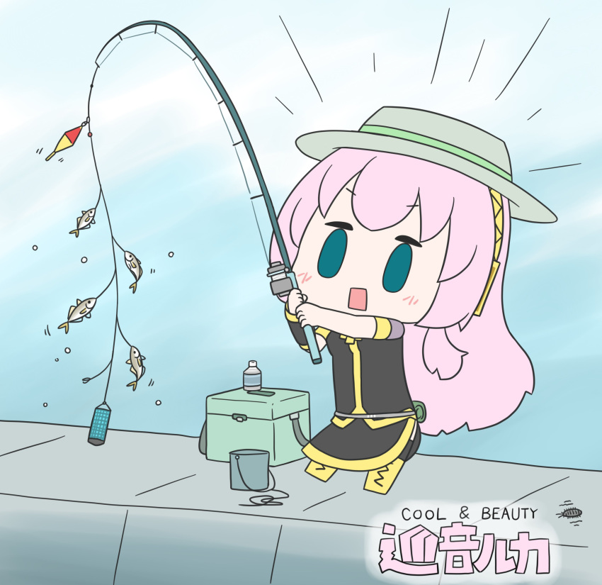 1girl absurdres aqua_eyes belt black_shirt black_skirt boots bottle box bucket character_name chibi commentary cross-laced_footwear fish fishing fishing_rod full_body gold_trim hat hatsune_negame headphones highres holding holding_fishing_rod knee_boots lace-up_boots long_hair megurine_luka motion_lines outdoors pink_hair shirt short_sleeves skirt solid_oval_eyes solo standing surprised very_long_hair vocaloid