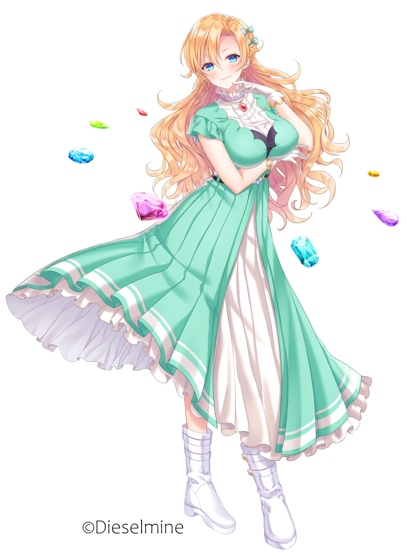1girl absurdres aqua_dress arm_under_breasts bangs blonde_hair blue_eyes blush boots breasts brooch closed_mouth contrapposto copyright dress earrings frilled_skirt frills full_body gem gloves gold green_dress hair_between_eyes hair_ornament hairclip highres itsuki_jun jewelry large_breasts long_dress long_hair looking_at_viewer necklace official_art original parted_bangs pearl_necklace short_sleeves simple_background skirt smile taut_clothes taut_dress wavy_hair white_background white_footwear