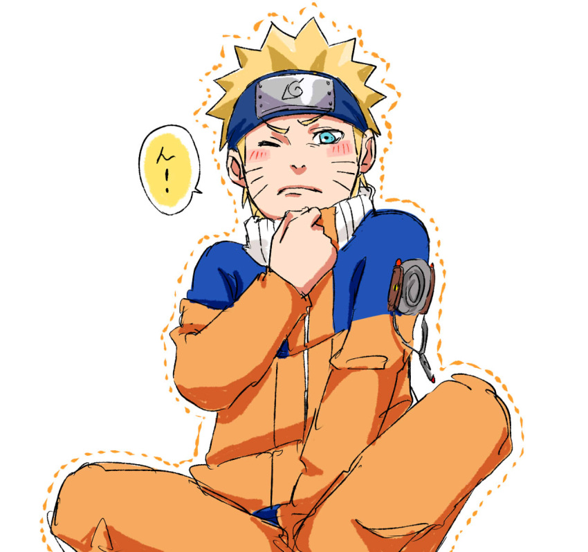 1boy blonde_hair blue_eyes blush closed_mouth commentary_request forehead_protector highres jacket long_sleeves looking_at_viewer naruto naruto_(series) ninja one_eye_closed orange_jacket orange_pants pants pinoko_(pnk623) short_hair simple_background solo speech_bubble uzumaki_naruto white_background