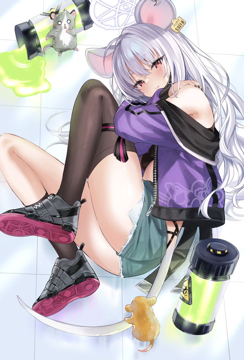 1girl animal_ears asymmetrical_legwear biohazard_symbol blue_archive blush full_body halo highres jacket looking_at_viewer lying mouse mouse_ears mouse_tail ponpon_nun red_eyes saya_(blue_archive) shorts silver_hair solo tail tile_floor tiles