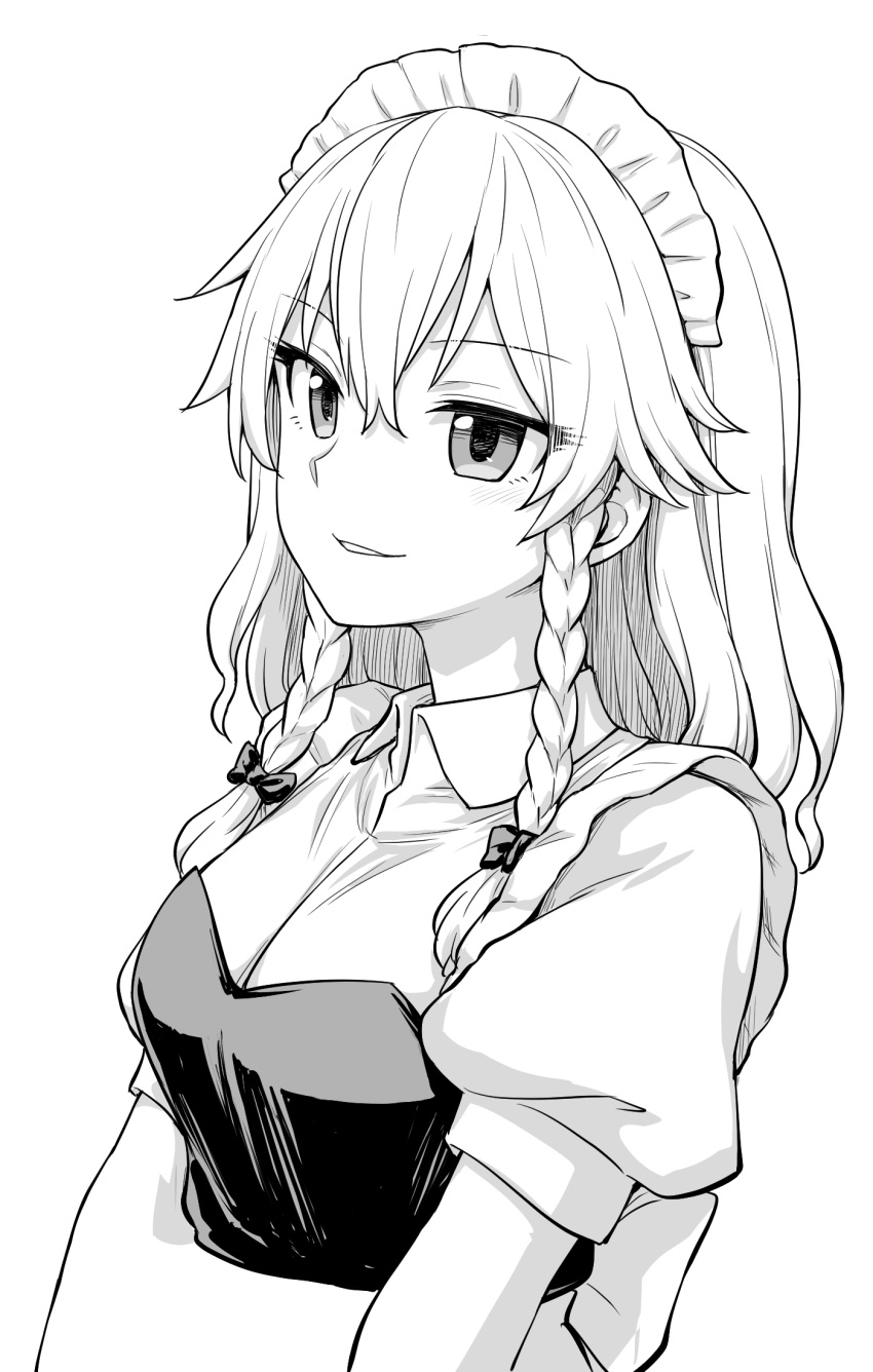 1girl collared_shirt greyscale hair_between_eyes highres itou_yuuji izayoi_sakuya maid_headdress medium_hair monochrome parted_lips puffy_short_sleeves puffy_sleeves shirt short_sleeves side_braids simple_background smile solo touhou upper_body vest white_background wing_collar