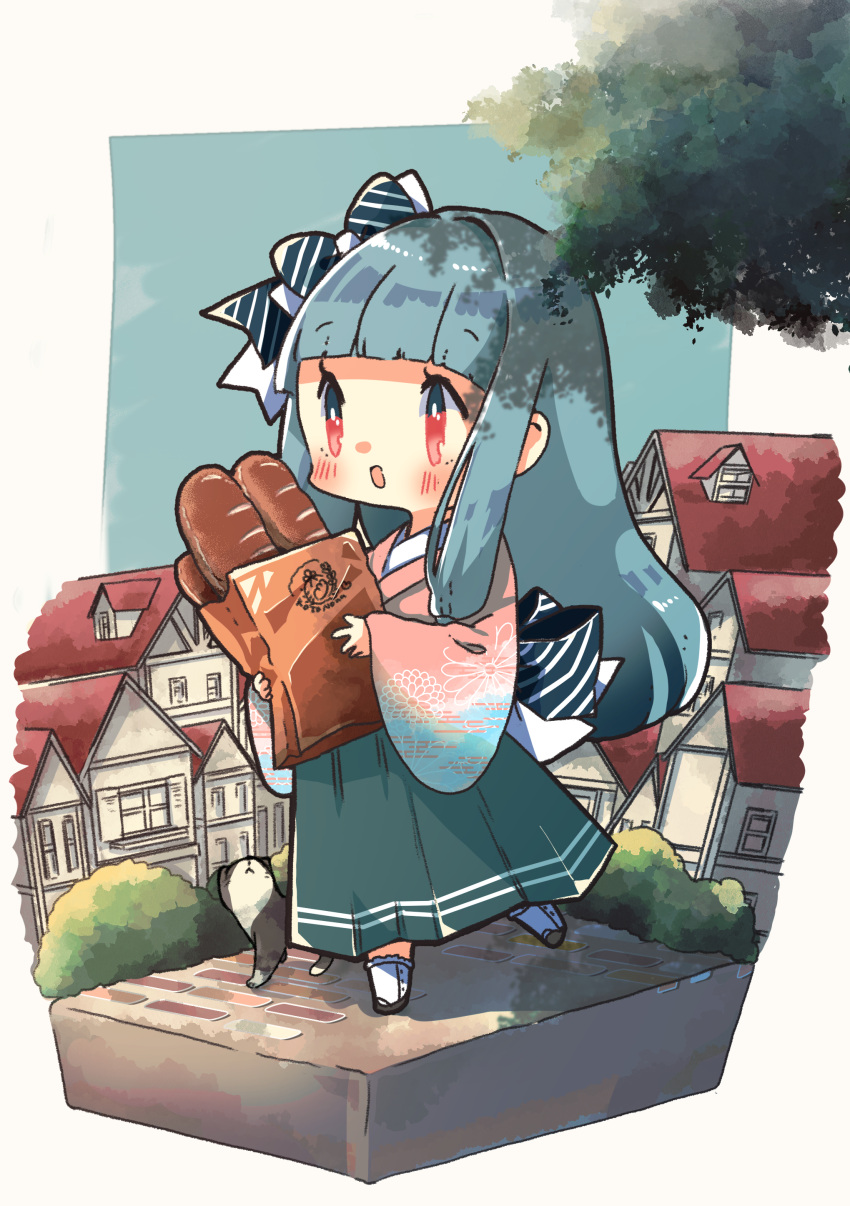 1girl absurdres bag baguette bangs black_footwear blunt_bangs blush bow bread building bush cat chibi cobblestone commentary day food full_body green_skirt hair_bow highres holding japanese_clothes kimono kotonoha_aoi long_hair long_sleeves open_mouth outdoors oyasumi_makura paper_bag pink_kimono red_eyes shoes skirt smile socks striped striped_bow voiceroid white_legwear wide_sleeves