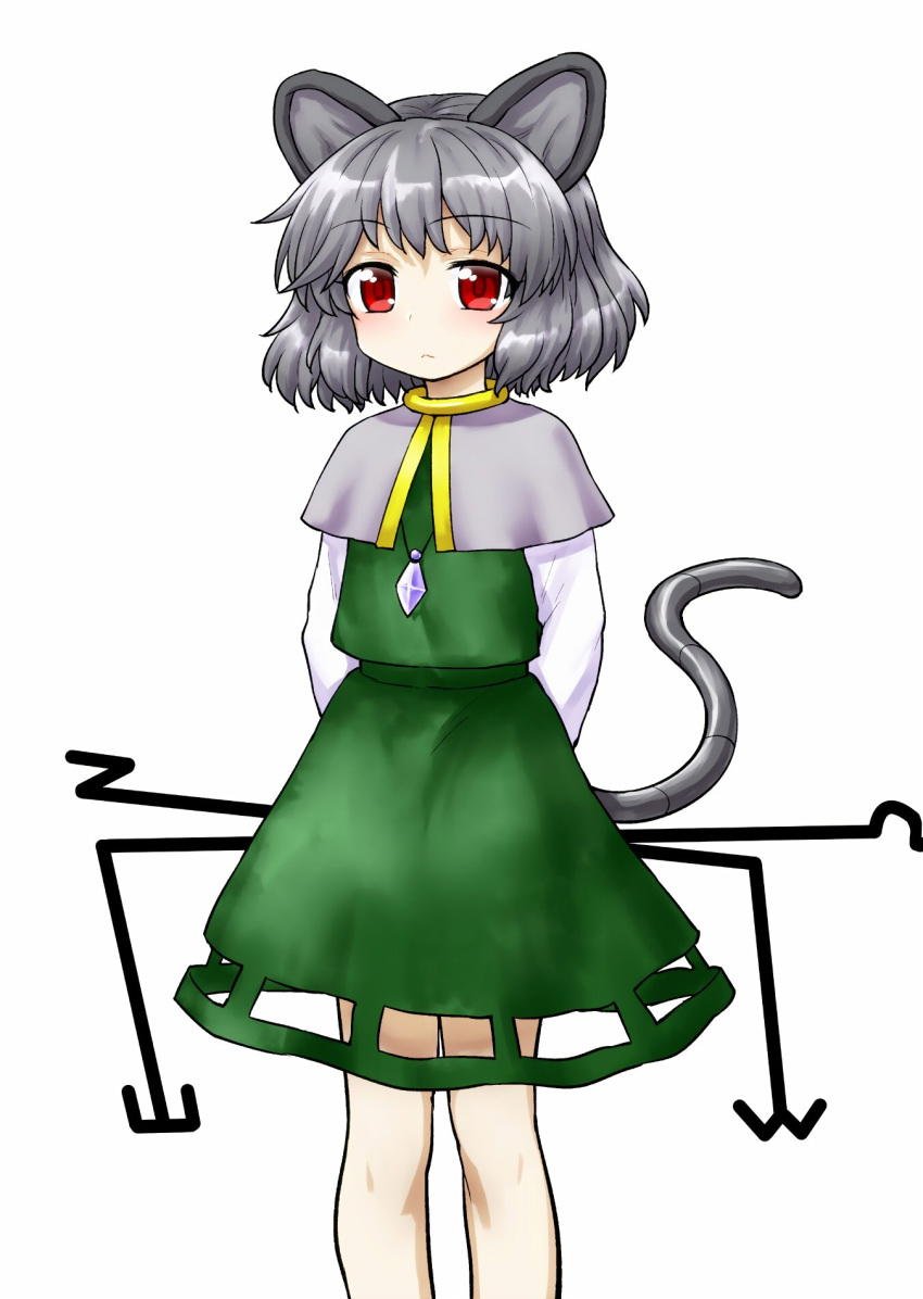 1girl animal_ears arms_behind_back capelet closed_mouth eyebrows_visible_through_hair feet_out_of_frame green_skirt green_vest grey_capelet grey_hair highres holding itou_yuuji jewelry light_blush looking_at_viewer medium_hair mouse_ears mouse_tail nazrin necklace red_eyes shirt simple_background skirt solo standing tail touhou vest white_background white_shirt