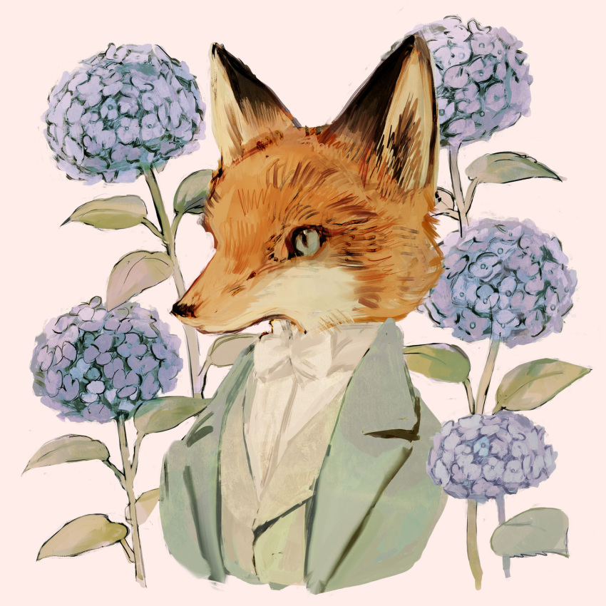 1boy animal animal_focus bell_lumiere blue_flower bow bowtie closed_mouth commentary dress_shirt english_commentary flower fox green_eyes green_jacket green_vest high_collar highres hydrangea jacket no_humans original pink_background portrait shirt simple_background slit_pupils solo suit tono_(rt0no) vest white_bow white_bowtie white_shirt