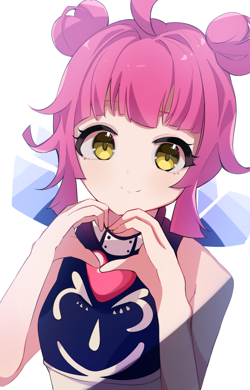 1girl ahoge bangs bare_shoulders blue_shirt blunt_ends closed_mouth commentary crop_top double_bun eyebrows_behind_hair hair_bun hands_up heart heart_hands highres looking_at_viewer love_live! love_live!_nijigasaki_high_school_idol_club medium_hair nagisa_iori pink_hair shirt sidelocks smile solo tareme tennouji_rina upper_body white_background yellow_eyes