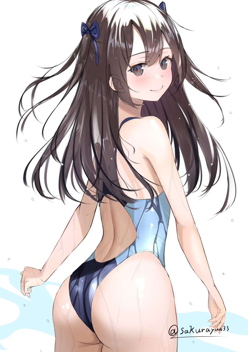 1girl absurdres ass black_eyes black_hair blue_swimsuit commentary_request competition_swimsuit cowboy_shot from_behind hair_ribbon highleg highleg_swimsuit highres long_hair looking_at_viewer one-piece_swimsuit original ribbon sakura_yuu_(hzjy8485) simple_background solo standing swimsuit twitter_username two_side_up wet wet_clothes wet_swimsuit white_background