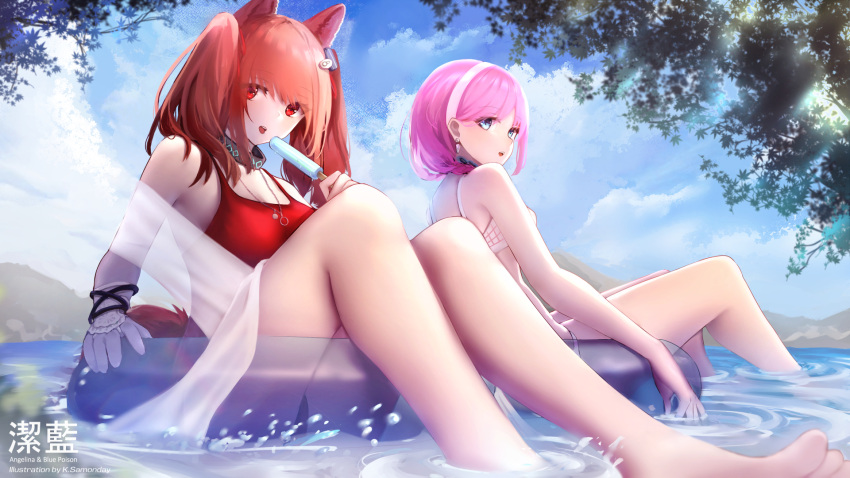2girls adapted_costume angelina_(arknights) angelina_(summer_flowers)_(arknights) animal_ears arknights artist_name bikini black_collar blue_eyes blue_poison_(arknights) blue_poison_(shoal_beat)_(arknights) blue_sky braid breasts brown_hair character_name collar ear_piercing earpiece food fox_ears fox_girl fox_tail hairband highres holding holding_food infection_monitor_(arknights) innertube jewelry ksartworks long_hair looking_at_viewer multiple_girls necklace official_alternate_costume one-piece_swimsuit open_mouth outdoors piercing pink_hair popsicle red_eyes red_swimsuit scales sitting sky small_breasts soaking_feet swimsuit tail tree twintails watermark white_bikini white_hairband