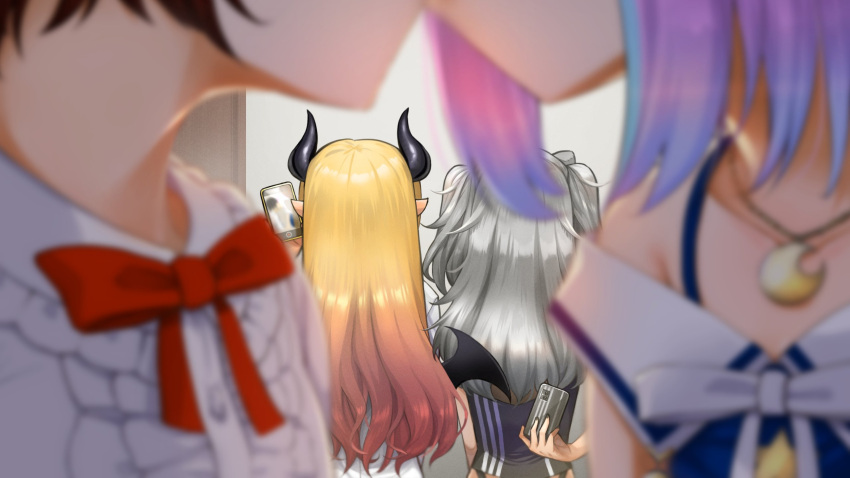 4girls arm_behind_back black_shirt blonde_hair blue_dress blurry blurry_foreground bow bowtie cellphone commentary_request crescent_necklace demon_girl demon_horns demon_wings depth_of_field dress from_behind gradient_hair hand_up highres himemori_luna holding holding_phone hololive horns implied_kiss long_hair multicolored_hair multiple_girls oozora_subaru phone pointy_ears red_bow redhead shirt shishiro_botan silver_hair smartphone taking_picture virtual_youtuber white_shirt wings yamasan_ossan yuri yuzuki_choco