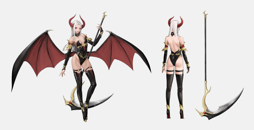 1girl absurdres ass ass_visible_through_thighs back backless_leotard bare_shoulders breasts bridal_gauntlets demon_girl demon_horns demon_wings detached_collar full_body grey_hair high_heels highres holding holding_scythe horns leotard long_hair looking_at_viewer medium_breasts multiple_views original pointy_ears red_eyes scythe simonz1987 simple_background slit_pupils strapless strapless_leotard thigh-highs white_background wings