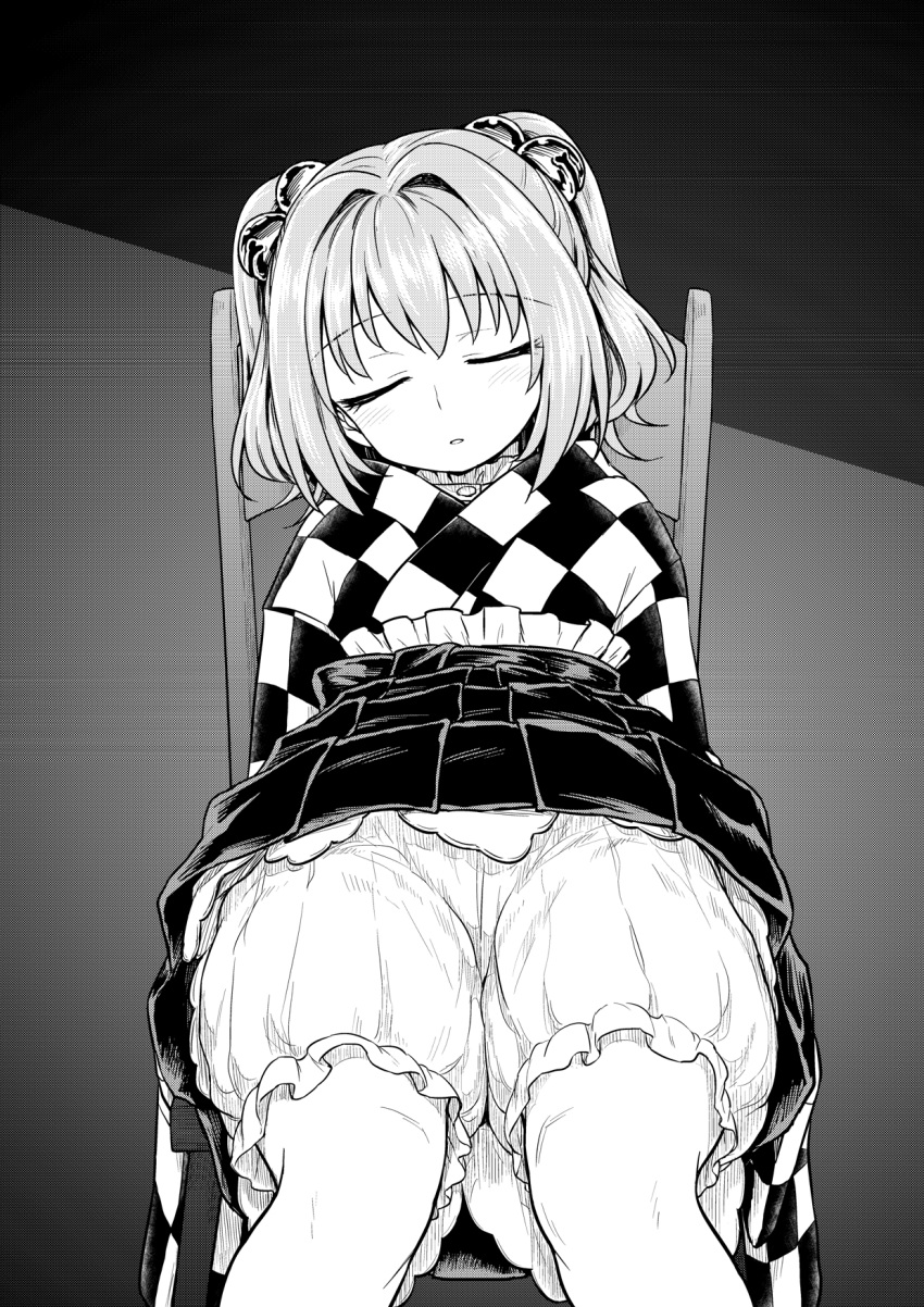 1girl bell blush closed_eyes clothes_lift facing_viewer greyscale hair_bell hair_ornament hakama hakama_skirt head_tilt highres itou_yuuji japanese_clothes jingle_bell kimono monochrome motoori_kosuzu on_chair parted_lips petticoat sitting skirt skirt_lift sleeping solo touhou two_side_up