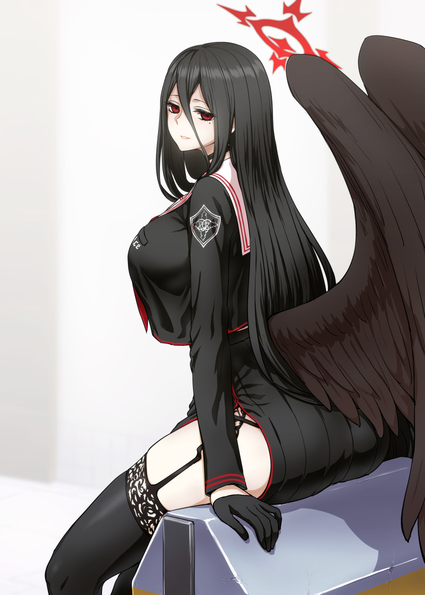 1girl absurdres ass bird_wings black_choker black_gloves black_hair black_legwear black_shirt black_skirt blue_archive breasts brown_wings choker feathered_wings from_side garter_straps gloves hair_between_eyes half_gloves halo hasumi_(blue_archive) highres huge_breasts itou_yuuji long_hair long_sleeves looking_at_viewer looking_to_the_side mole mole_under_eye parted_lips red_eyes shirt shirt_overhang side_slit sitting skirt smile solo thigh-highs wings