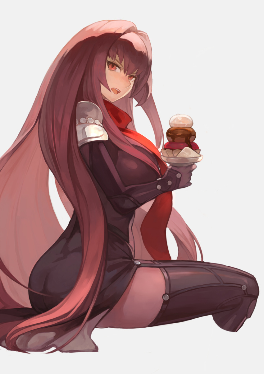 1girl armor ass bangs bodysuit breasts cjyoung cup fate/grand_order fate_(series) food hair_between_eyes highres ice_cream large_breasts long_hair looking_at_viewer open_mouth pauldrons purple_bodysuit purple_hair red_eyes scathach_(fate) scathach_(fate)_(all) shoulder_armor sitting thighs