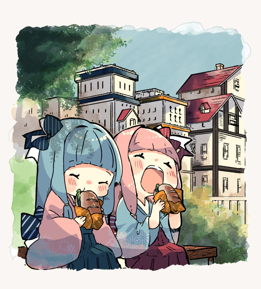2girls back_bow bangs blue_hair blue_kimono blunt_bangs blush bow building bush chibi closed_eyes commentary day feet_out_of_frame food green_skirt hair_bow highres holding holding_food japanese_clothes kimono kotonoha_akane kotonoha_aoi long_hair long_sleeves multiple_girls on_bench open_mouth outdoors oyasumi_makura pink_hair pink_kimono red_bow red_skirt siblings sisters sitting skirt striped striped_bow upper_body voiceroid wide_sleeves