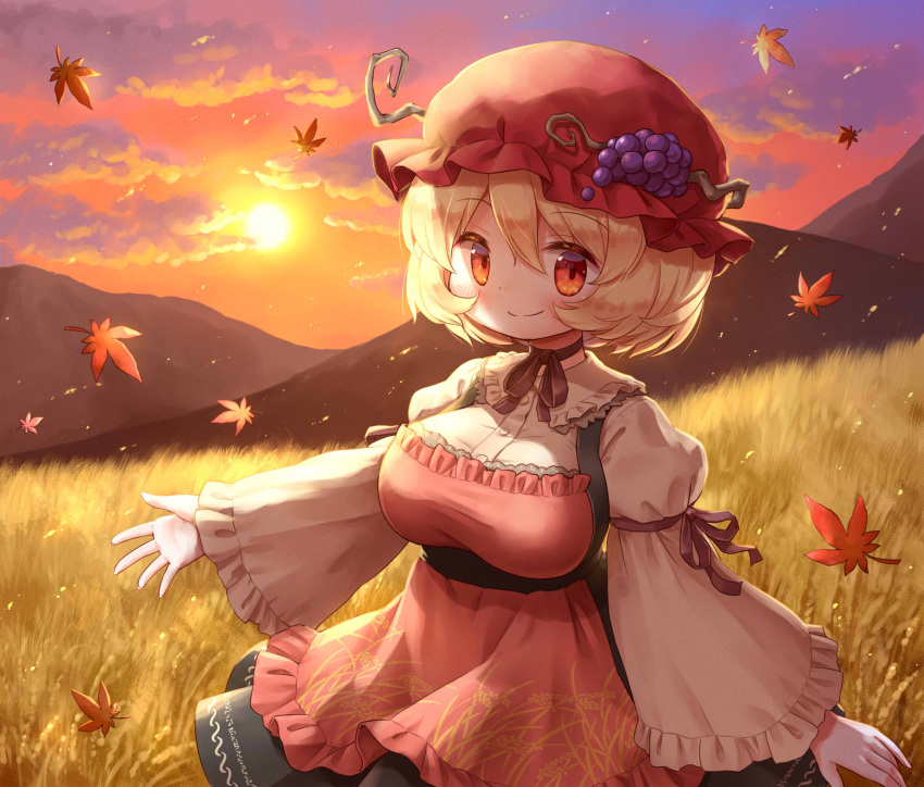 1girl aki_minoriko apron arinu black_ribbon black_skirt blonde_hair blush breasts buttons closed_mouth collared_shirt eyebrows_visible_through_hair food fruit fruit_hat_ornament grapes hair_between_eyes hat hat_ornament highres large_breasts leaf long_sleeves maple_leaf mob_cap red_apron red_eyes red_headwear ribbon shirt short_hair skirt smile solo sunset touhou wheat white_shirt