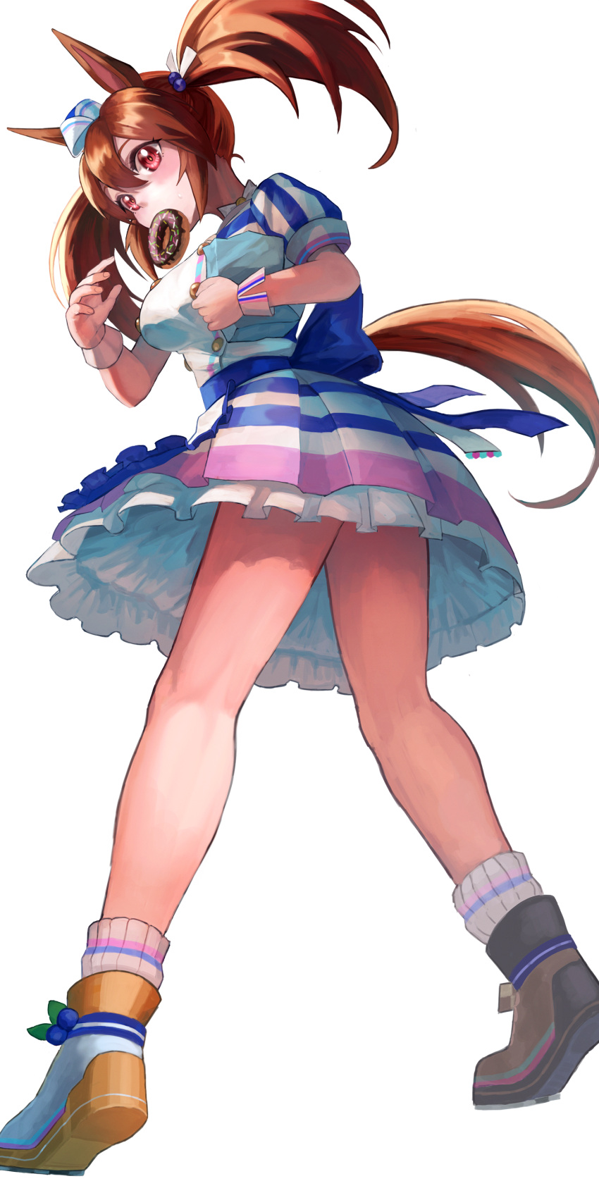 1girl absurdres animal_ears bag breasts brown_eyes brown_hair doughnut dress food from_behind hat highres hishi_akebono_(umamusume) horse_ears horse_tail large_breasts legs mouth_hold paper_bag ricky_(pasta_00) striped striped_dress tail twintails umamusume wrist_cuffs