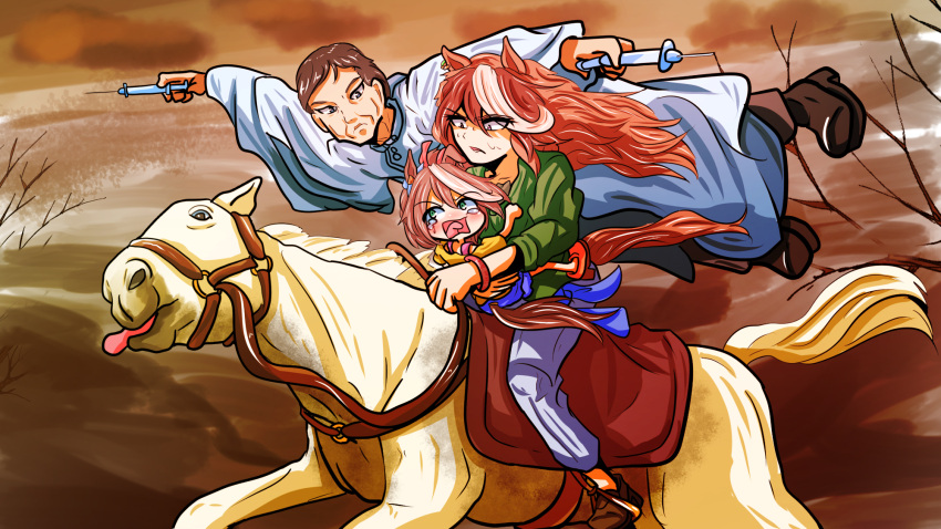 1boy 1other 2girls animal_ears bridle casual commentary crying dual_wielding erlkoenig father_and_son fine_art_parody gold_ship_(racehorse) highres holding holding_syringe horse_ears horse_girl horse_tail horseback_riding long_hair mejiro_family_doctor multicolored_hair multiple_girls parody reins riding robe saddle scene_reference segen311 streaked_hair sunken_cheeks symboli_rudolf_(umamusume) syringe tail tokai_teio_(umamusume) umamusume younger