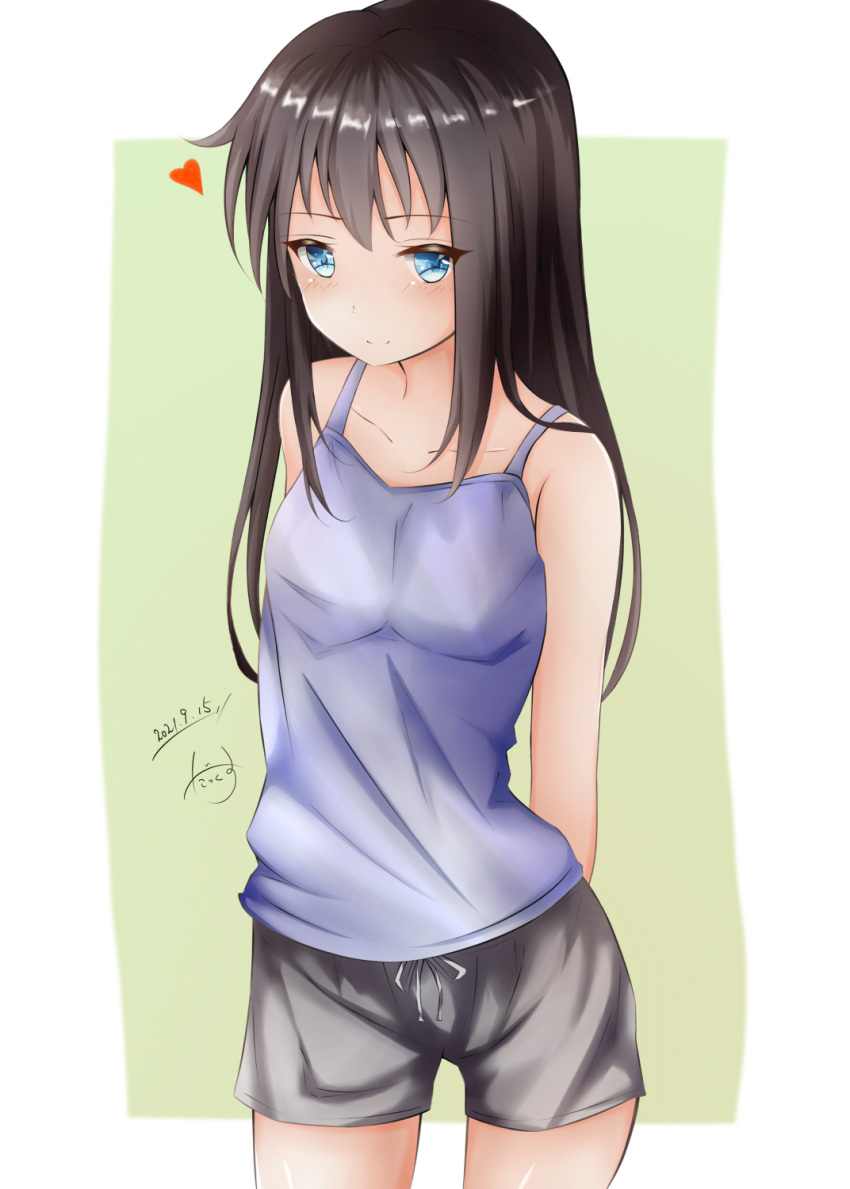 1girl asashio_(kancolle) bangs bare_arms bare_shoulders black_hair black_shorts blue_eyes blush closed_mouth commentary_request dakkusu dated eyebrows_visible_through_hair green_background heart highres kantai_collection long_hair looking_at_viewer short_shorts shorts signature smile solo two-tone_background very_long_hair white_background