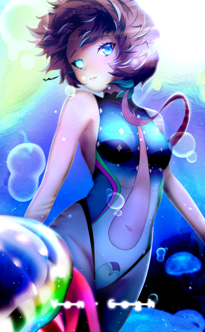 1girl air_bubble bangs black_sclera blue_eyes blue_swimsuit braid breasts bubble colored_sclera crown_braid eyebrows_visible_through_hair fate/grand_order fate_(series) heterochromia highleg highleg_swimsuit highres jellyfish leaf long_hair looking_at_viewer looking_to_the_side one-piece_swimsuit orange_hair parted_lips side_braid small_breasts smile solo suntakuchan swimsuit underwater van_gogh_(fate) white_eyes white_swimsuit