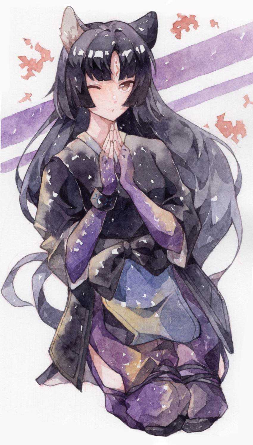 1girl animal_ear_fluff animal_ears arknights bangs black_hair brown_eyes cotayomengmiao dog_ears fingerless_gloves gloves highres japanese_clothes kimono long_hair looking_at_viewer one_eye_closed open_mouth parted_bangs praying purple_legwear saga_(arknights) scar scar_on_face scar_on_forehead seiza side_slit simple_background sitting solo white_background