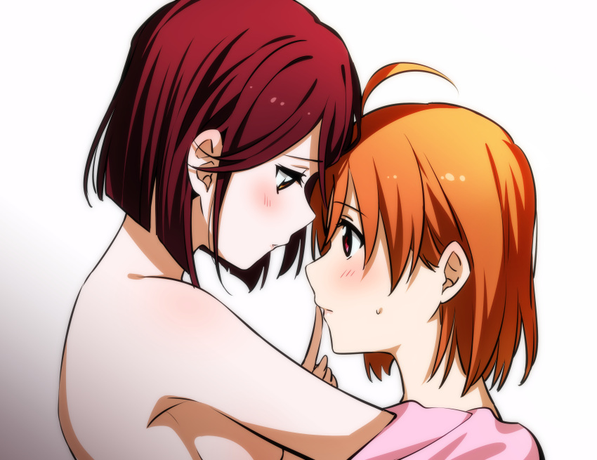 2girls absurdres ahoge blush breasts closed_mouth commentary_request eyebrows_visible_through_hair finger_to_another's_mouth highres kougi_hiroshi love_live! love_live!_sunshine!! multiple_girls orange_hair parted_lips redhead sakurauchi_riko short_hair sideboob sweatdrop takami_chika topless yuri