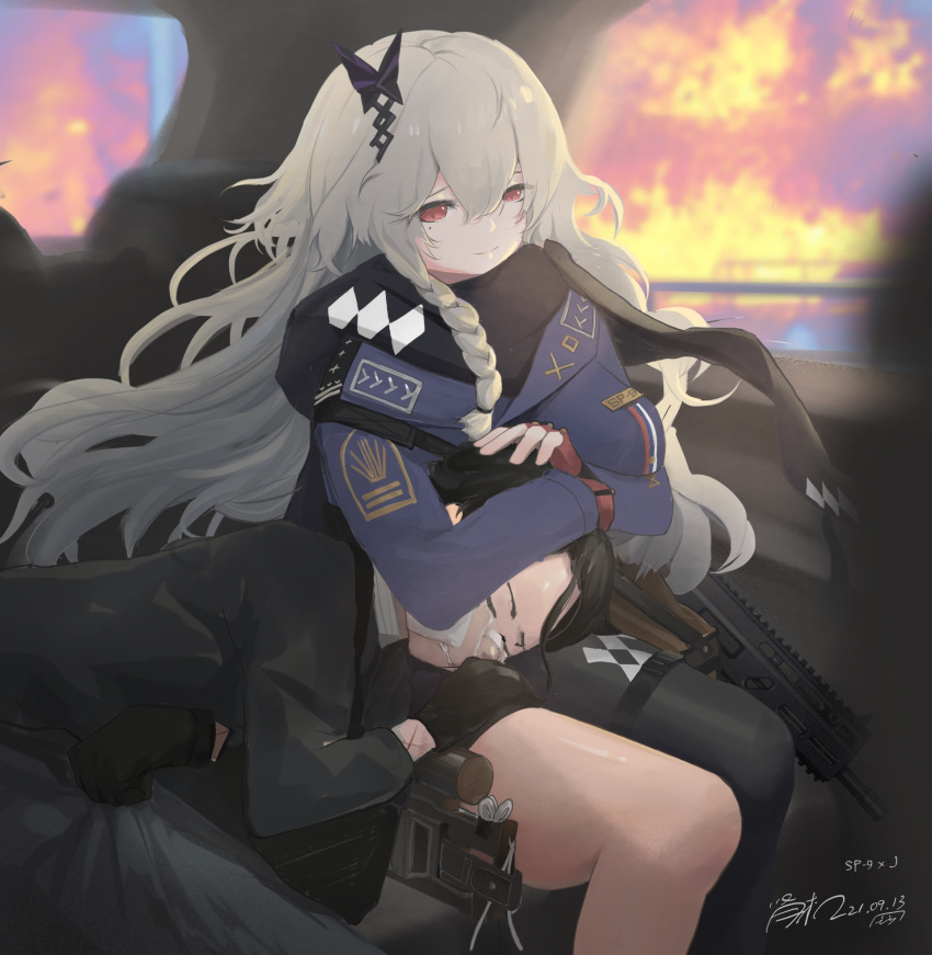 1boy 1girl crying girls_frontline grey_hair highres j_(girls'_frontline) lap_pillow long_hair petting red_eyes smile sp9_(girls'_frontline) stribog_sp9 very_long_hair vinsentyu