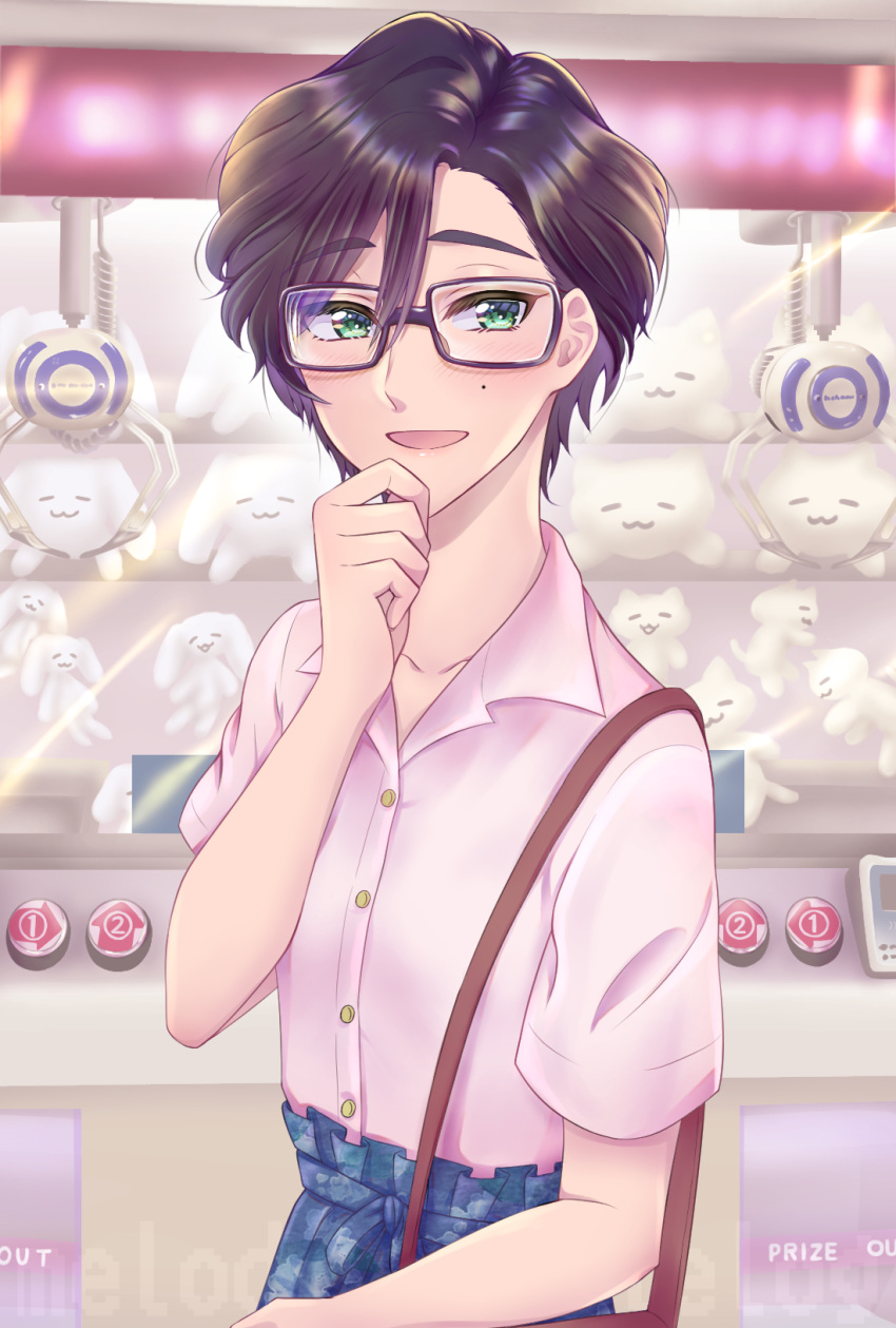 1girl :d ai-da-melody bag black_hair blue_skirt crane_game glasses green_eyes hand_up handbag highres indoors looking_at_viewer mole mole_under_eye open_mouth otaku_ni_koi_wa_muzukashii sakuragi_kou short_hair skirt smile solo standing stuffed_toy