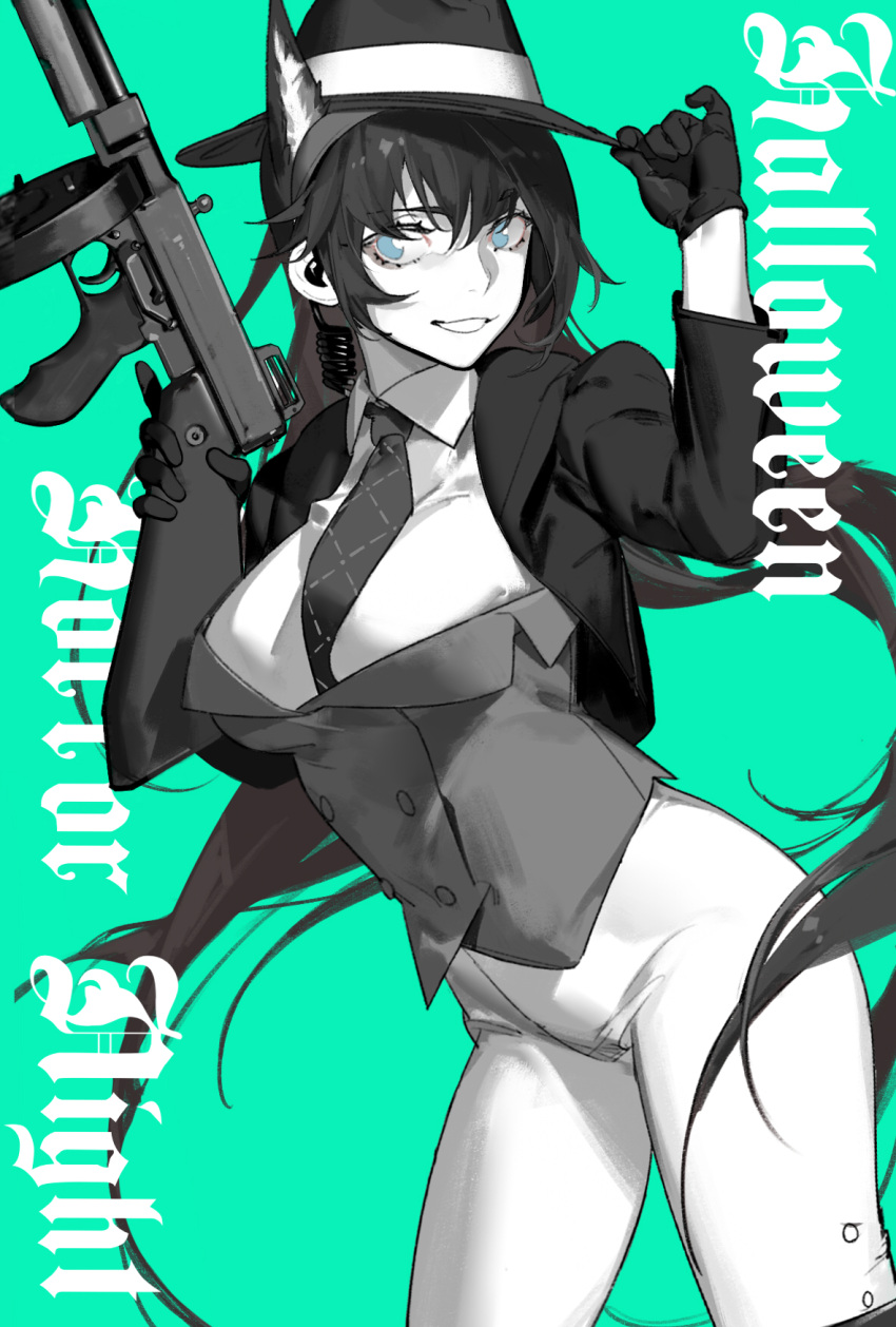 1girl animal_ear_fluff animal_ears arknights blaze_(arknights) blue_eyes breasts cat_ears dress_shirt earpiece english_text fedora formal gloves gun hair_between_eyes hat hat_tip highres holding holding_gun holding_weapon large_breasts long_hair looking_at_viewer monochrome necktie pants shirt shuiye_xing smile solo suit suit_jacket weapon white_pants